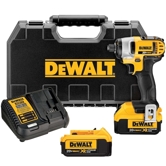 DEWALT 20V Max cordless impact driver kit, including a black and yellow carrying case, a battery charger, two lithium-ion batteries, and the impact driver tool.