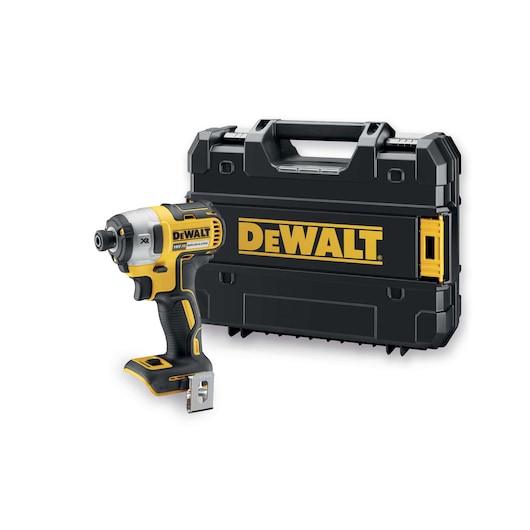A DEWALT cordless impact driver with a black and yellow hard carrying case. The tool is compact and designed for professional use.