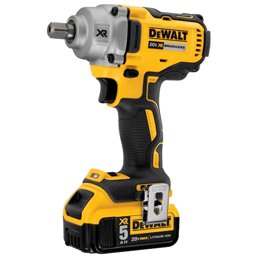 DEWALT 20V XR cordless impact wrench with brushless motor and 5Ah lithium battery.