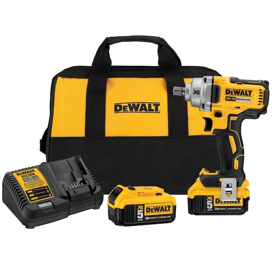 A DEWALT branded cordless impact wrench kit, including a yellow and black tool bag, a cordless impact wrench, two 20V lithium-ion batteries, and a battery charger.