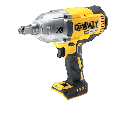 A DEWALT cordless impact wrench with yellow and black design, labeled with 'XR' and '18V XR Brushless', shown without a battery attached.