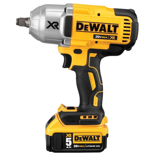 A DEWALT 20V MAX XR cordless impact wrench with a brushless motor and 5Ah lithium ion battery. The tool features a yellow and black design and is suitable for heavy-duty fastening applications.