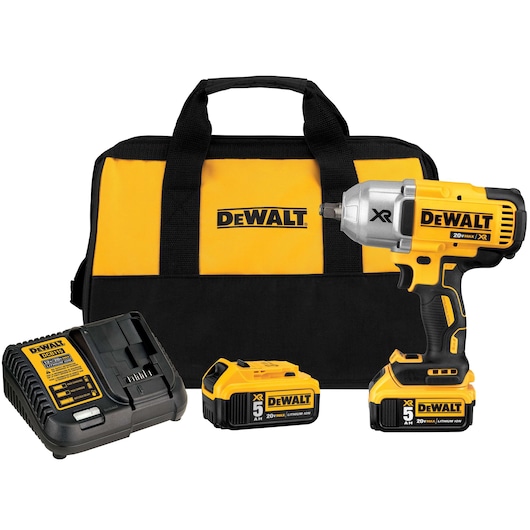 DEWALT cordless impact wrench kit, including a yellow and black tool bag, a 20V lithium-ion impact wrench, two rechargeable batteries, and a battery charger.
