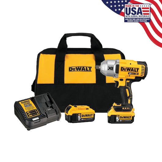 DEWALT cordless impact wrench kit including a yellow and black impact wrench, two rechargeable batteries, a battery charger, and a carrying bag. The kit also displays a 'Made in the USA with global materials' label in the top right corner.