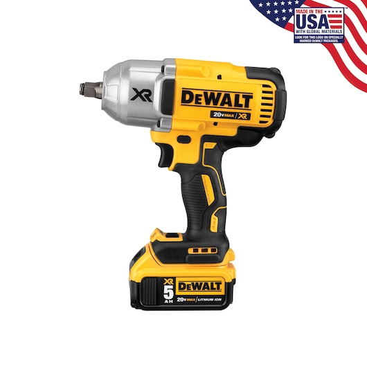 A DEWALT cordless impact wrench, model DCF899HP2, with a 20V MAX XR lithium-ion battery. The power tool is yellow and black, and features the DEWALT branding. An American flag graphic in the top right corner indicates 'Made in the USA with global materials.'