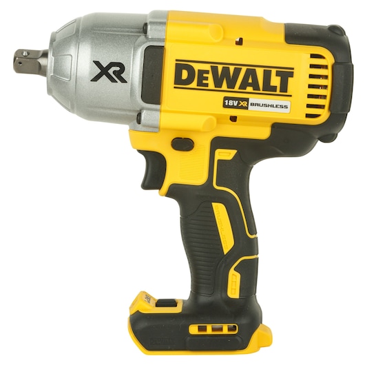 A DEWALT 18V XR brushless impact wrench with a yellow and black handle, shown from the side.