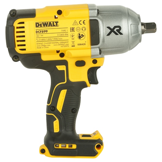 A Dewalt DCF899NT 18V cordless impact wrench, featuring a yellow and black ergonomic design with a brushless motor.