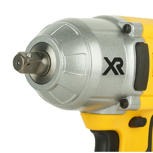 Close-up view of the front side of a DEWALT DCF899NT cordless impact wrench, showing the metal drive and part of the yellow and black body with an 'XR' logo.
