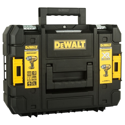A black DEWALT-branded hard carrying case featuring labels for the DCF899NT model. The case has a sturdy handle on top and yellow accent panels, with product specifications and an illustration of a cordless impact wrench on the labels.