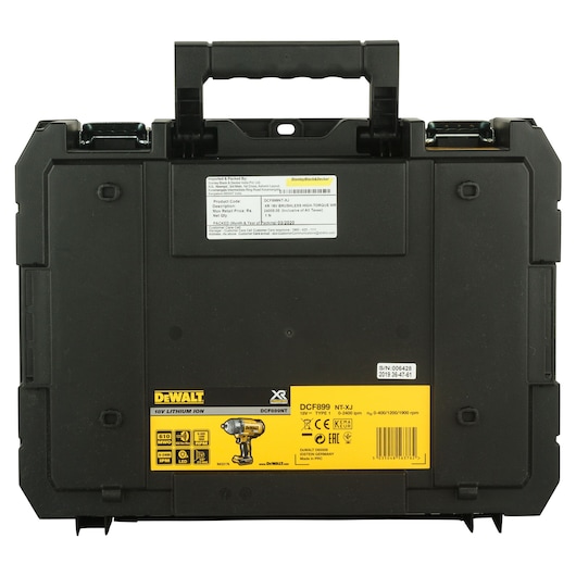 Black DEWALT hard carrying case for photography equipment, model DCF899NT, with a handle on top and product information labels on the front. The case features DEWALT branding and details about the 18V lithium-ion tool.