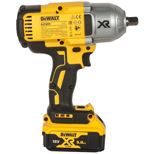 A DEWALT DCF899P2-QW cordless impact wrench with an 18V XR lithium-ion battery, featuring a yellow and black ergonomic design.