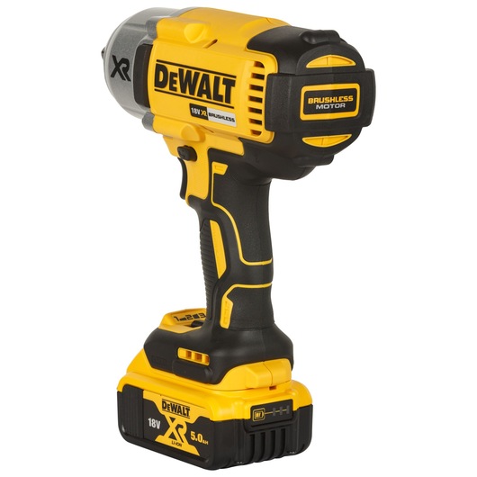 A DEWALT 18V XR brushless motor cordless impact wrench, model DCF899P2-QW, shown from a side angle with a yellow and black body and attached 5.0Ah lithium-ion battery.