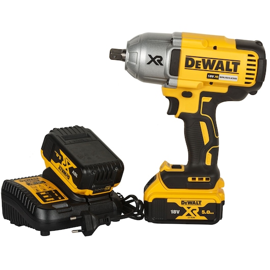 A DEWALT 18V XR cordless impact wrench kit, including the yellow and black impact wrench, battery pack, and charger.