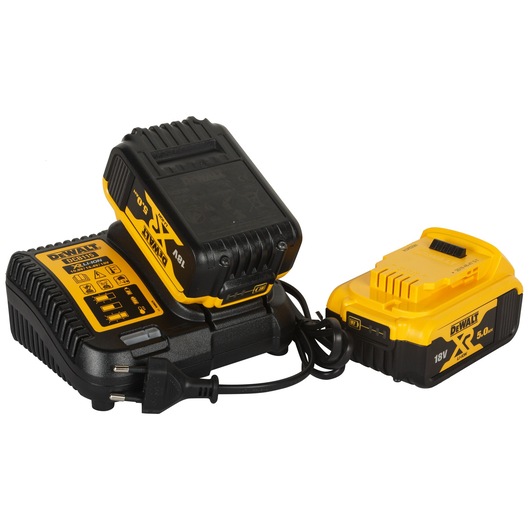 Two DEWALT XR 18V lithium-ion batteries and a DEWALT battery charger, with one battery connected to the charger and the other placed beside it. The charger is black and yellow with labeled indicators and a power cord.