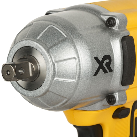 Close-up view of the front section of a DEWALT cordless impact wrench, showing the metallic head and XR branding on its yellow body.