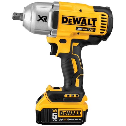 A DEWALT 20V MAX XR cordless impact wrench with a 5.0Ah lithium-ion battery. The tool is yellow and black with a compact design and has the DEWALT logo visibly printed on the side.