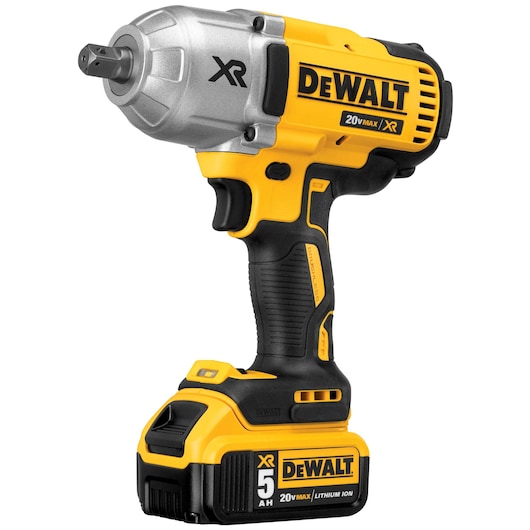 A DEWALT 20V MAX XR cordless impact wrench with a black and yellow body, featuring a 5Ah lithium ion battery at the base, intended for heavy-duty fastening applications.