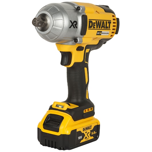 A DEWALT 18V XR cordless impact wrench with a yellow and black design, featuring a brushless motor and a rechargeable lithium-ion battery.