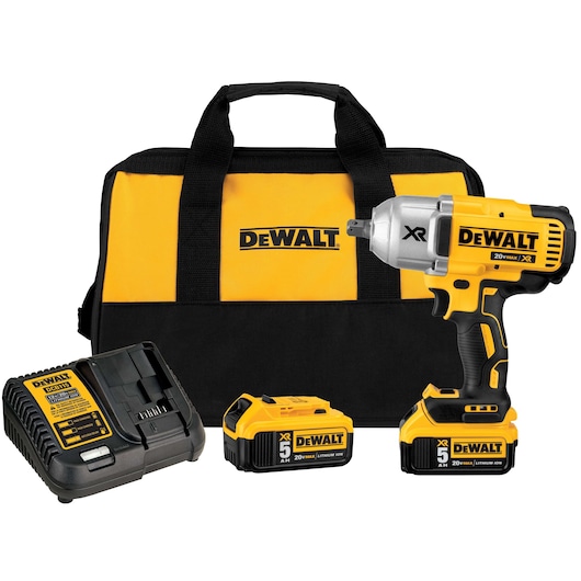 A DEWALT DCF899P2 cordless impact wrench kit, including a yellow and black carry bag, the impact wrench with battery attached, an additional battery, and a battery charger.