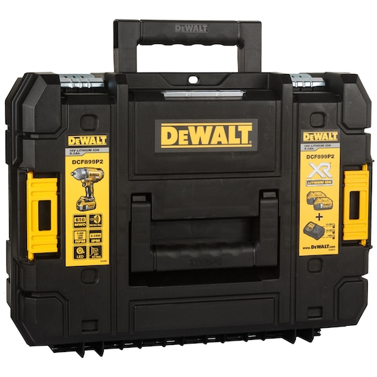 A black and yellow DEWALT storage carrying case with a handle, labeled for the DCF899P2 18V XR Lithium Ion impact wrench kit. The case features DEWALT branding and technical information about the tool on both sides.