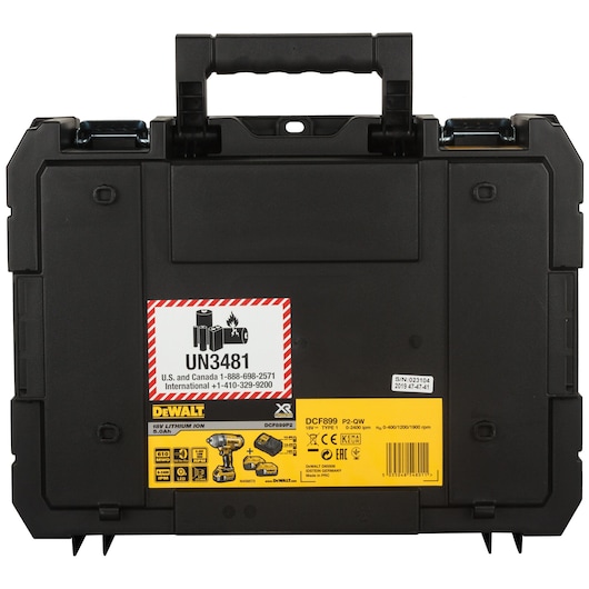 A DEWALT branded black plastic carrying case for the DCF899P2-QW impact wrench kit, featuring a handle, secure latches, and product labels including a lithium-ion battery warning (UN3481) and technical specifications.