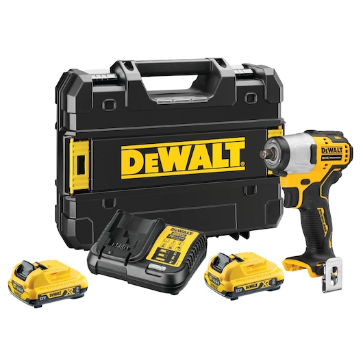 A DEWALT tool kit featuring a cordless impact wrench, two rechargeable batteries, a battery charger, and a black carrying case with a DEWALT logo.