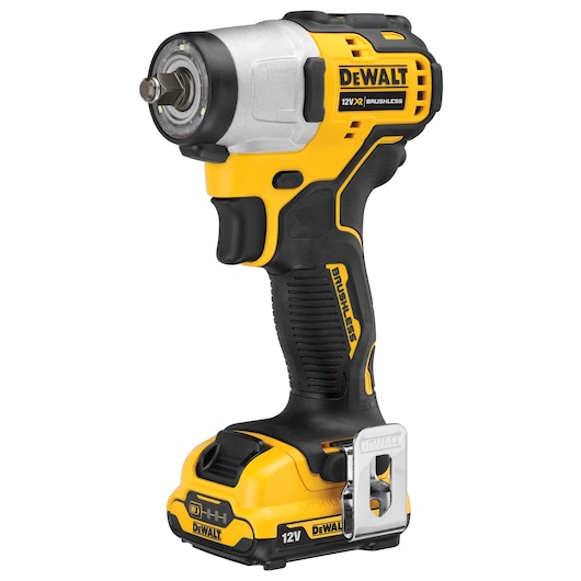 A DEWALT 12V XR brushless cordless impact wrench. The tool is yellow and black with a DEWALT logo, and features a compact design suitable for tight spaces.