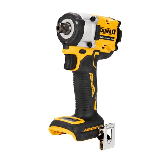 A DEWALT 20V brushless cordless impact wrench. The tool is black and yellow, has a textured grip handle, and features a metal belt clip at the base. It is shown without a battery attached.