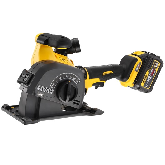 A DEWALT 54V cordless power tool with a circular blade, adjustable dial, and battery pack, placed on a white background.