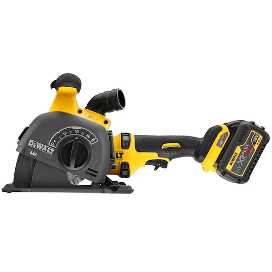 A DEWALT cordless wall chaser tool, model DCG200T2, with a 54V XR FLEXVOLT battery. The tool is predominantly black and yellow, featuring a dust extraction port, adjustment dial, and ergonomic handle.