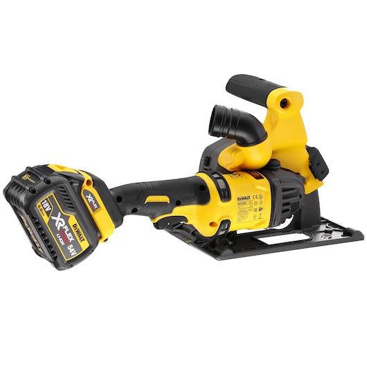 A DEWALT DCG200T2 cordless yellow and black power tool, designed for cutting and grinding, with an 18V XR FLEXVOLT lithium-ion battery attached.
