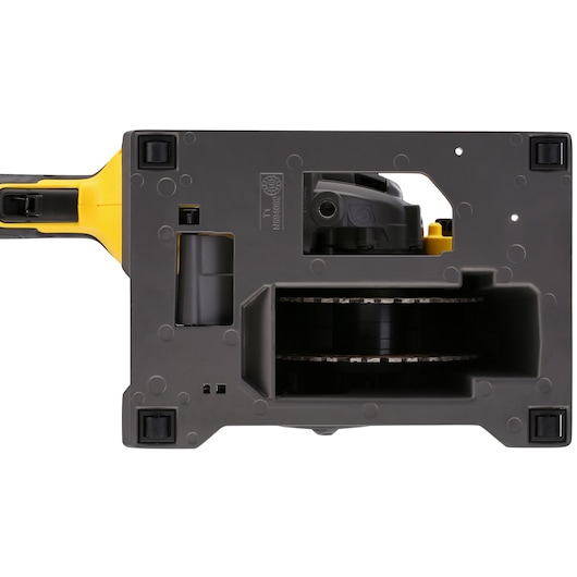 Top view of a DEWALT DCG200T2 power tool showing the blade compartment and handle, featuring a gray and yellow design.