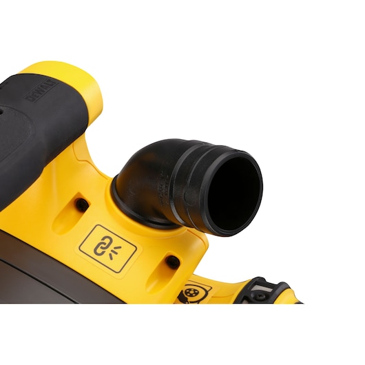 Close-up view of a DEWALT tool featuring a black and yellow dust extraction port.