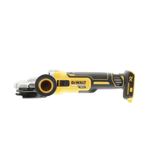 A DEWALT DCG405FN cordless angle grinder, featuring a yellow and black design with brushless motor technology, shown on a white background.