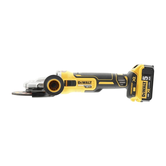 A DEWALT cordless angle grinder with a yellow and black design, featuring an 18V XR lithium-ion battery and brushless motor, shown in a side view.