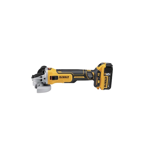 DEWALT cordless angle grinder with yellow and black body, brushless motor, and attached 18V XR 5.0Ah battery, model DCG405P2, shown on a white background.