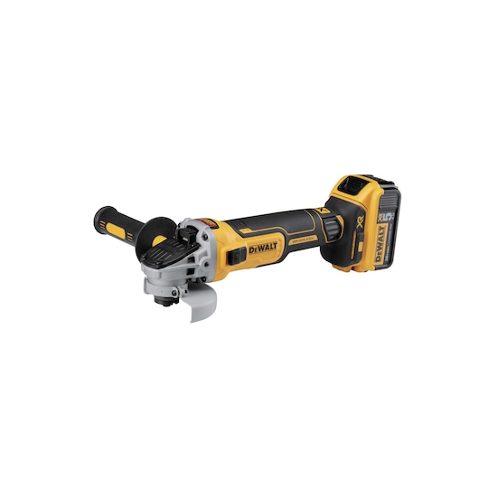 A Dewalt cordless angle grinder with a yellow and black design, featuring a side handle and a rechargeable battery attached at the back.