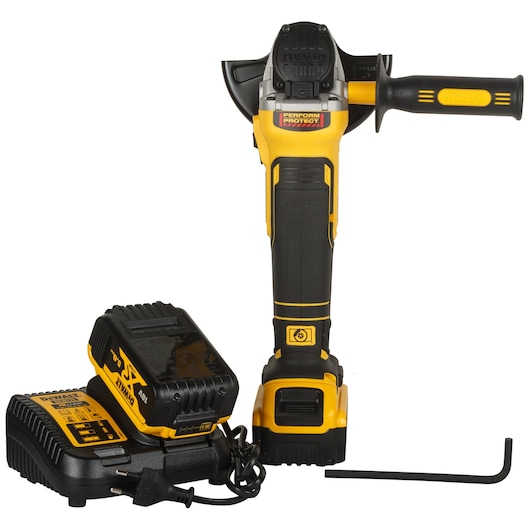 DEWALT cordless angle grinder kit with a yellow and black grinder, battery charger, power cable, and hex key tool.
