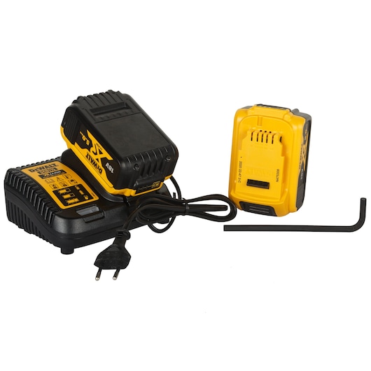 DEWALT battery charging kit including a rechargeable 18V battery, a charger with a power cord and plug, a spare battery, and a hex key, all placed on a white background.