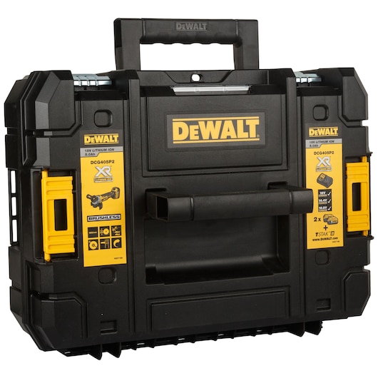 A black DEWALT-branded tool case with yellow labels and a handle, model DCG405P2-QW. The case displays product information for an 18V lithium-ion brushless tool kit.