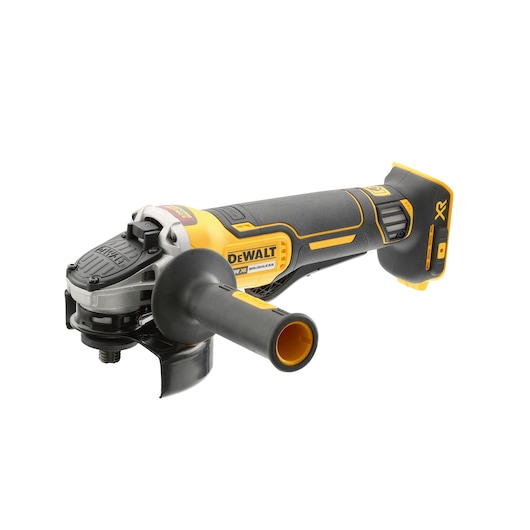 A DeWALT cordless angle grinder with a black and yellow design, featuring a side handle and brushless motor. The tool is shown without a battery attached.