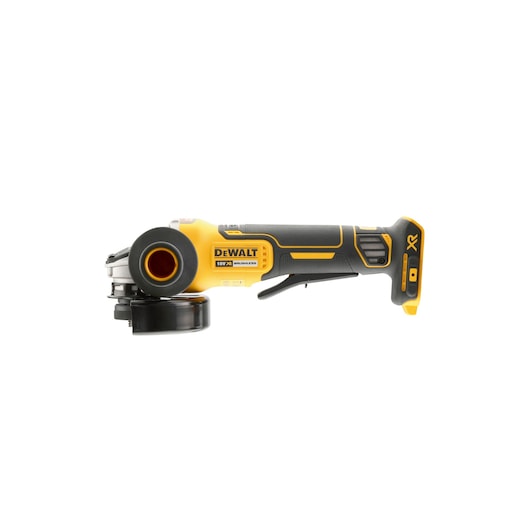 A DEWALT cordless angle grinder with a yellow and black design, model DCG406N-KR, shown from the side against a white background.