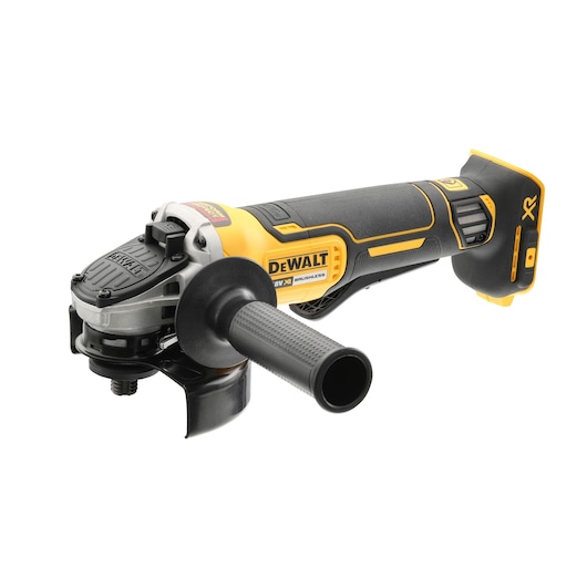 A DEWALT cordless angle grinder with a brushless motor, featuring a side handle and yellow/black housing. The tool is designed for cutting, grinding, and polishing metal or other materials.