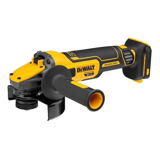 A Dewalt cordless angle grinder with a yellow and black design, featuring a brushless motor and a side handle.