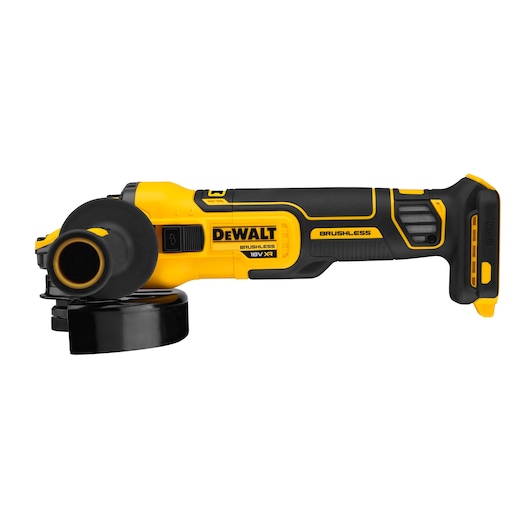 A DEWALT cordless brushless angle grinder, model DCG409NT, with a black and yellow design and side handle, shown on a white background.