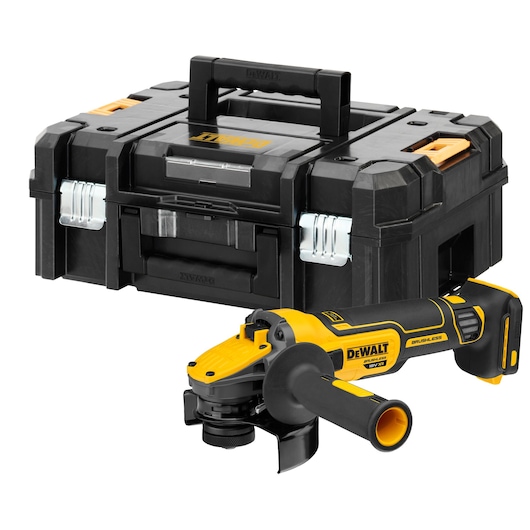 A DEWALT cordless angle grinder with a black and yellow design, shown with a matching sturdy black carrying case featuring metal latches and a handle.