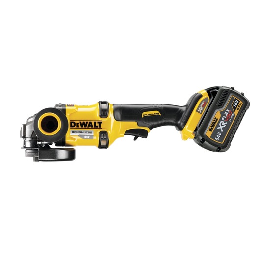 A yellow and black DEWALT cordless angle grinder with a brushless motor and XR FLEXVOLT lithium-ion battery attached. The tool is shown in a side profile on a white background.