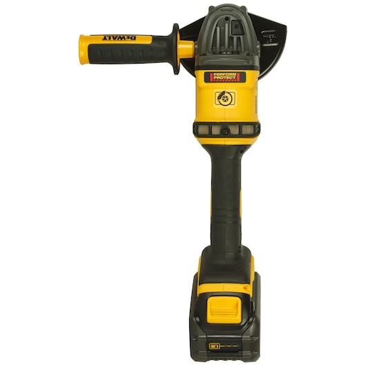 Cordless yellow and black DEWALT angle grinder with side handle and battery pack, shown upright on a white background.