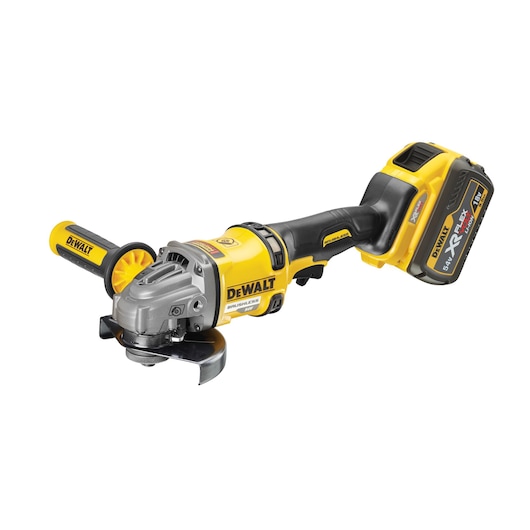 DEWALT cordless angle grinder with yellow and black design, brushless motor, and rechargeable battery.
