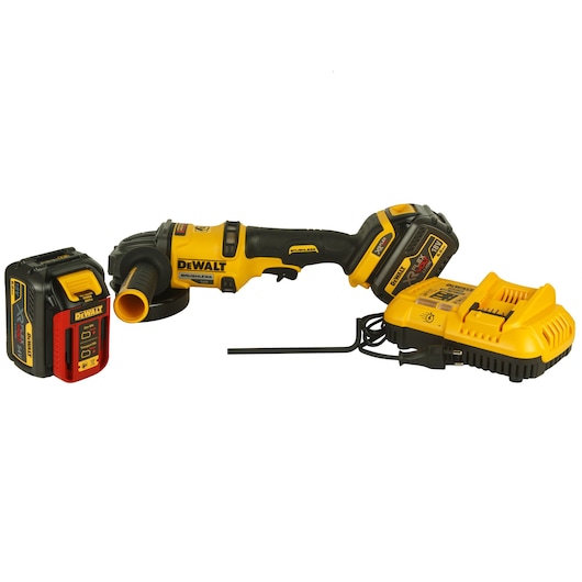 A DEWALT cordless angle grinder set including a yellow and black power tool, a battery, and a battery charger.